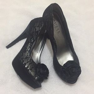 Peep-toe lace heels, size 6.5W